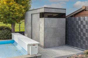 Poolhaus im Dekor Empire Slate mit Über-Eck-Verglasung