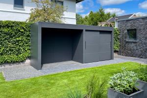 Modern garden shed with integrated firewood storage