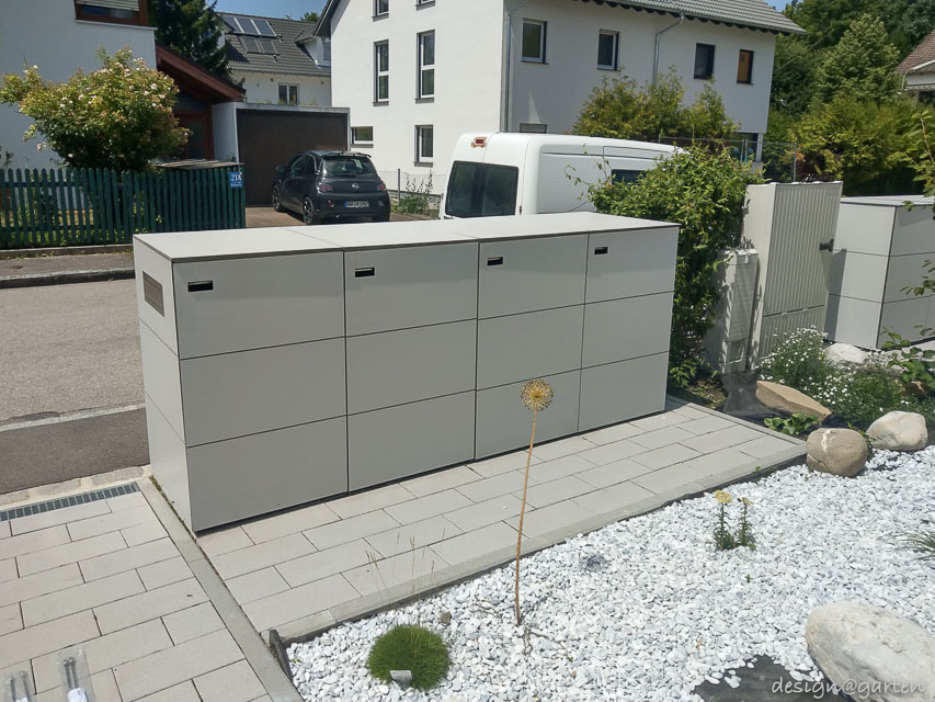 Mülltonnenbox  aus HPL für 4x 240 Liter Mülltonnen mit Briefkasten und Paketbox