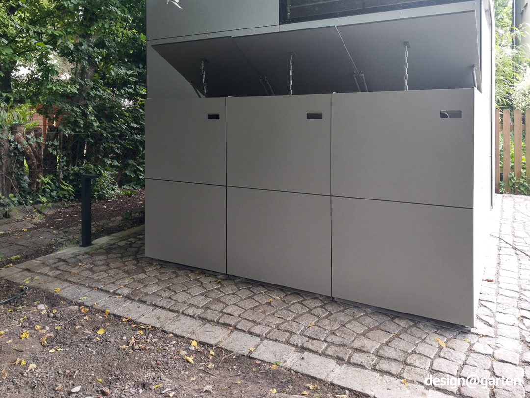 Mülltonnenbox für 3 Tonnen als Einheit mit Anbau-Gartenhaus