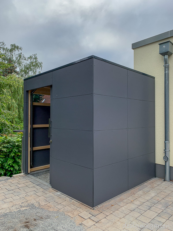 Custom-made HPL garden shed: smart space solution with walk-through function