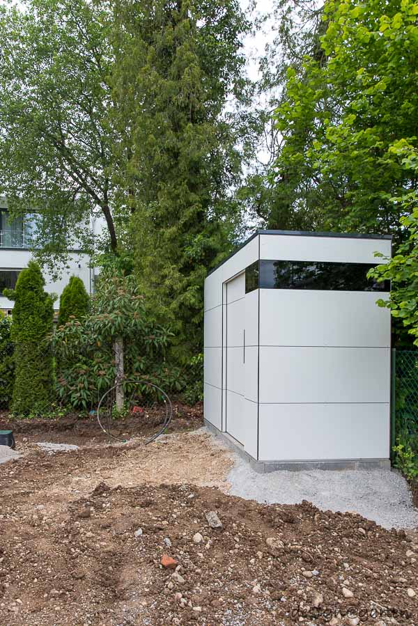Modern garden shed with visible wooden substructure