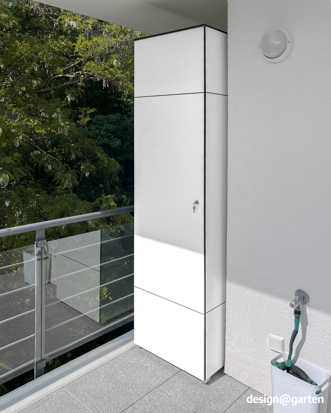White outdoor tall cabinet with drawer for the balcony
