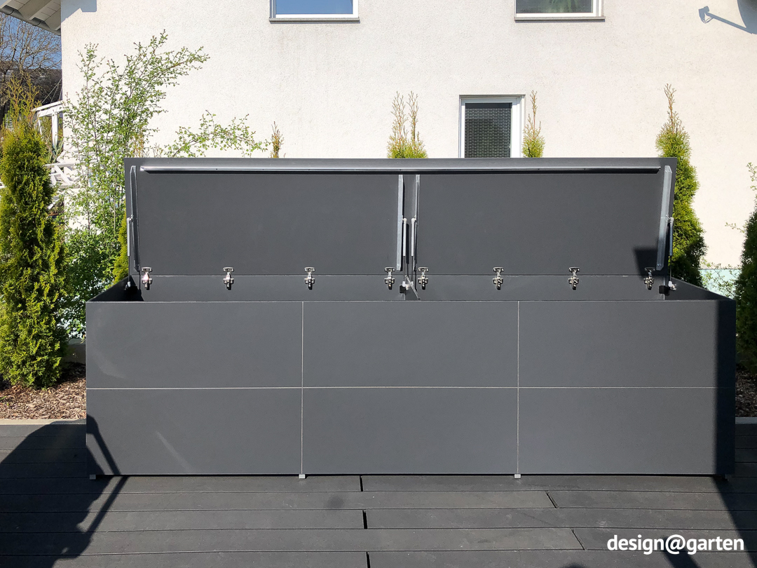Long garden box in anthracite for cushions, pads and barbecue accessories