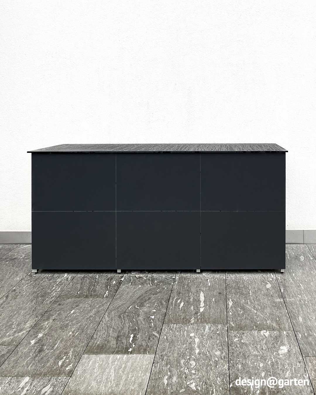 Garden storage box with a hinged lid made of HPL in anthracite