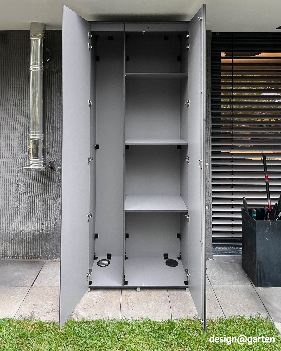 Tall custom-made garden cabinet for brooms, ladders and rakes