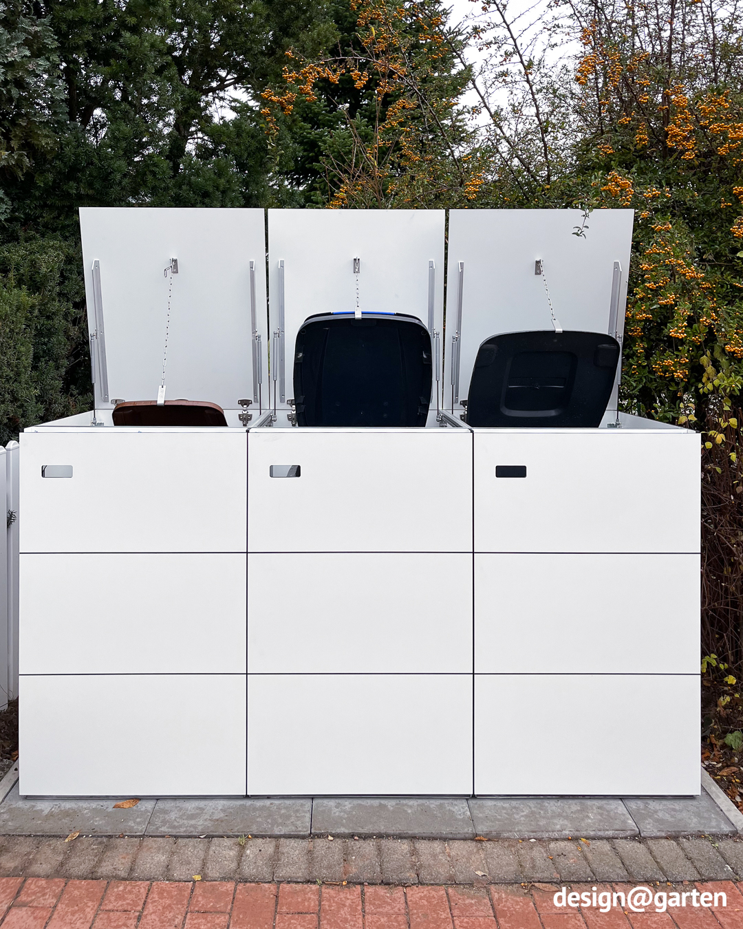 White modern 3-bin waste bin enclosures