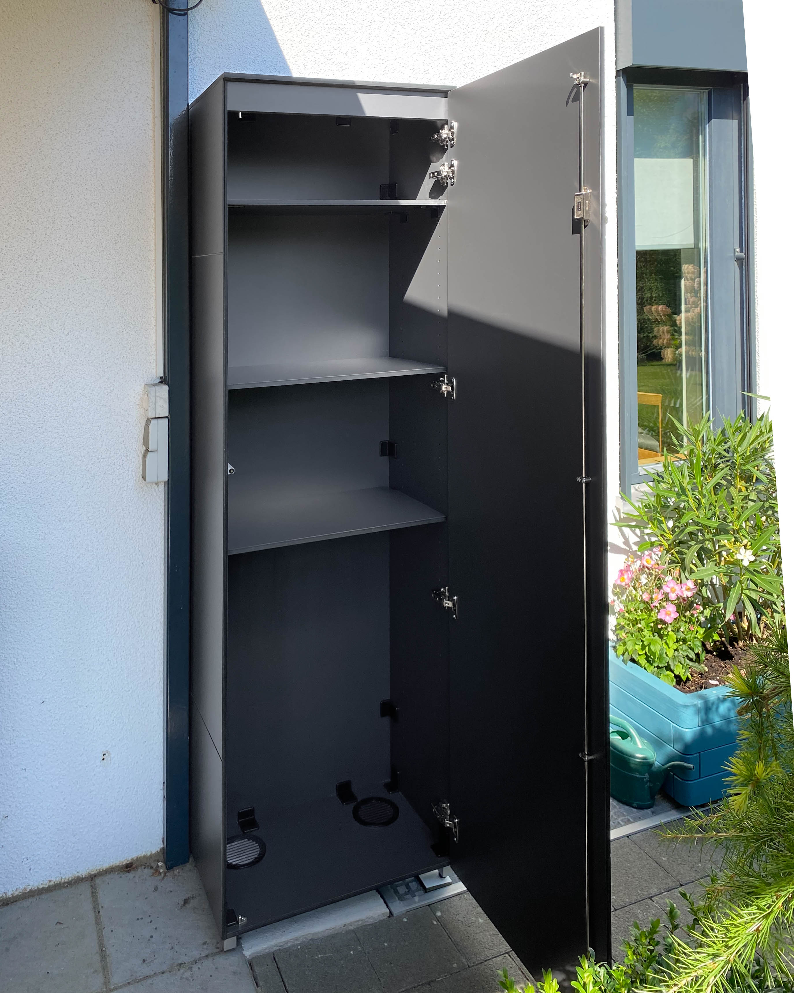 Narrow garden cabinet with ample storage space