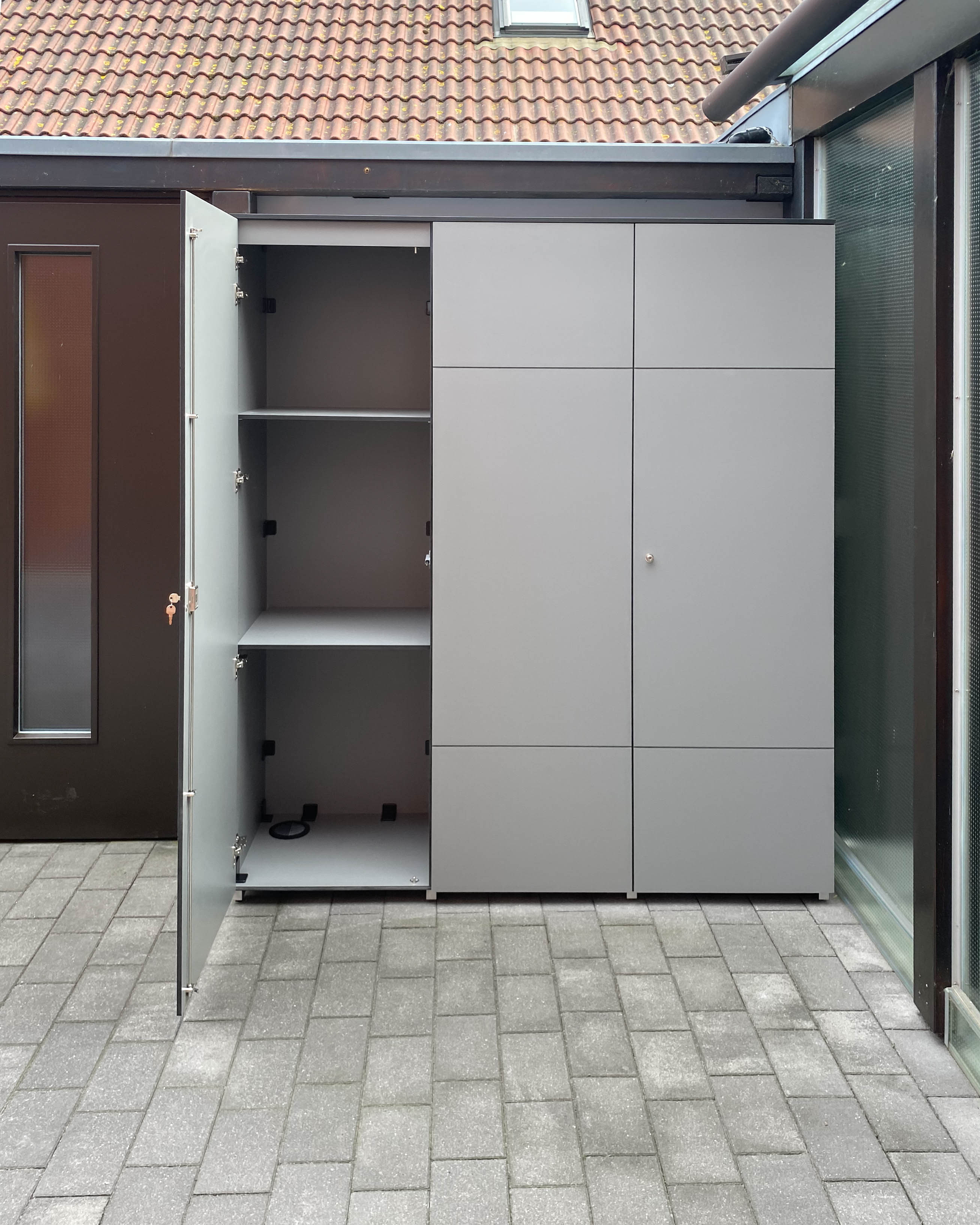 Light grey XXL outdoor cabinet with multiple shelves