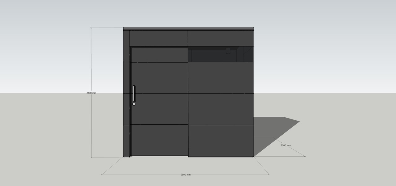 Simetría en la entrada: la caseta de jardín angular con techo plano.