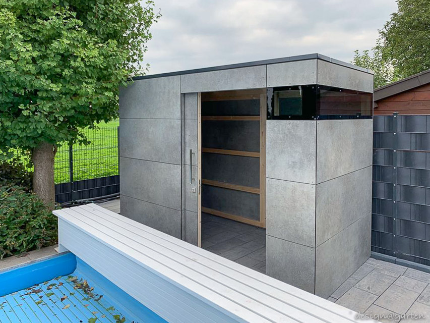 Caseta de piscina con decoración Empire Slate y acristalamiento en esquina