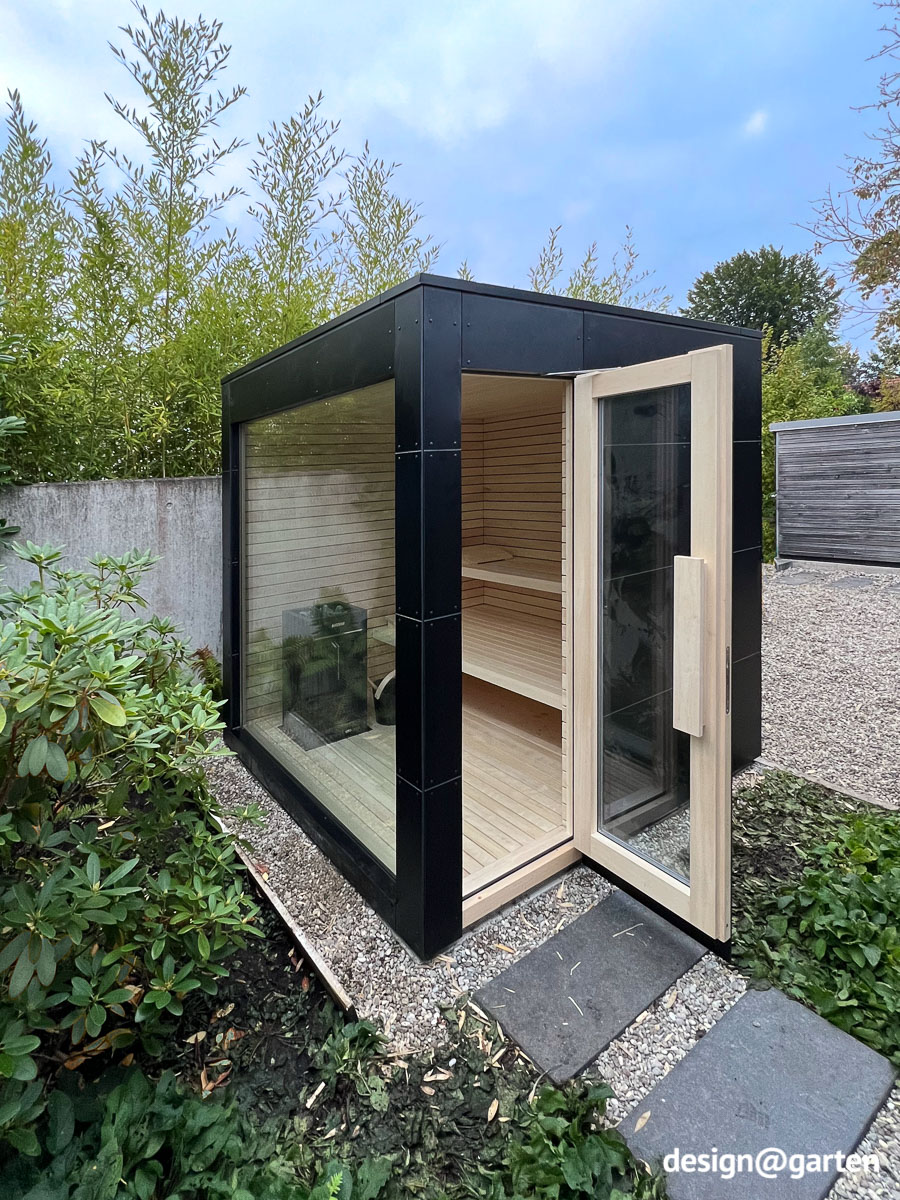 Sauna de jardín de diseño negro fabricada en HPL