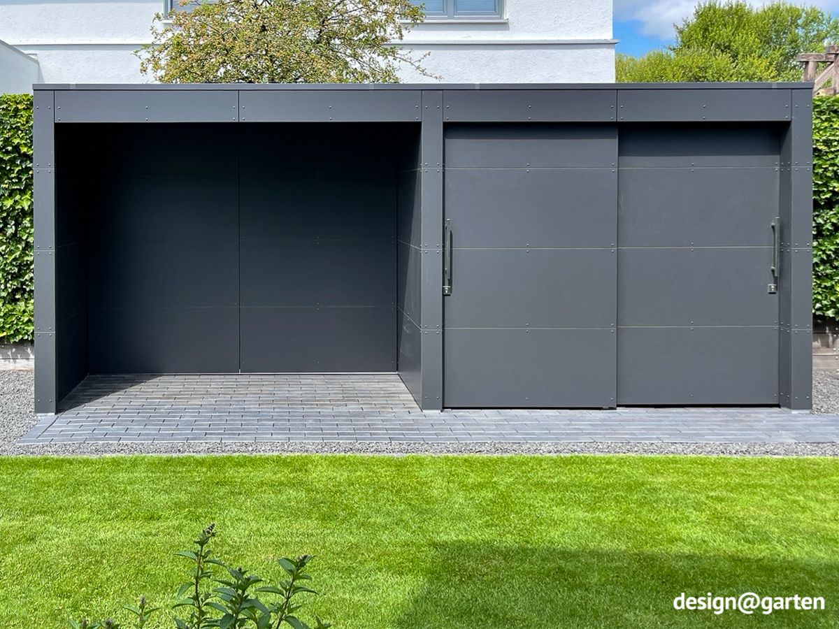 Abri de jardin moderne avec rangement intégré pour le bois de chauffage