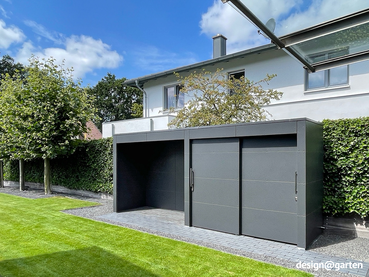 Abri de jardin moderne avec rangement intégré pour le bois de chauffage