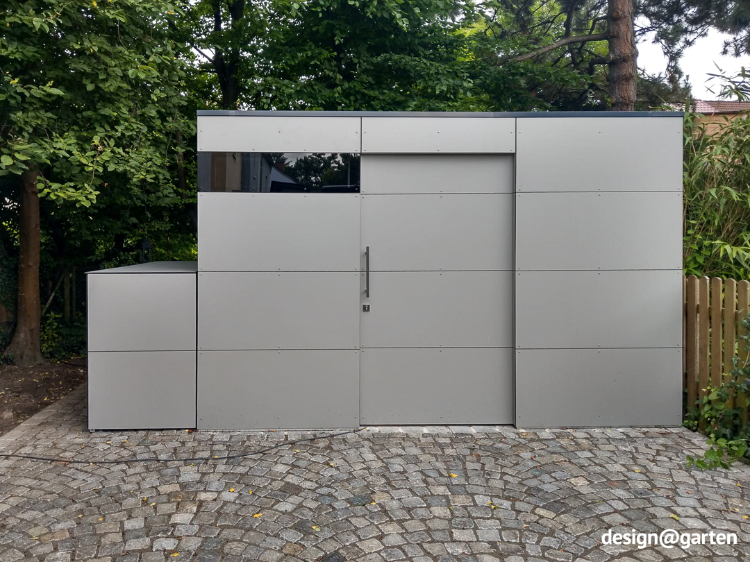 Box per bidoni della spazzatura da 3 tonnellate come unità con casetta da giardino annessa